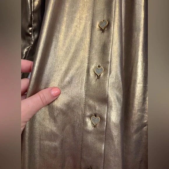 BURU Gold Lamé Long Sleeve Button Up Bow Midi Dress Size XS - Picture 9 of 14